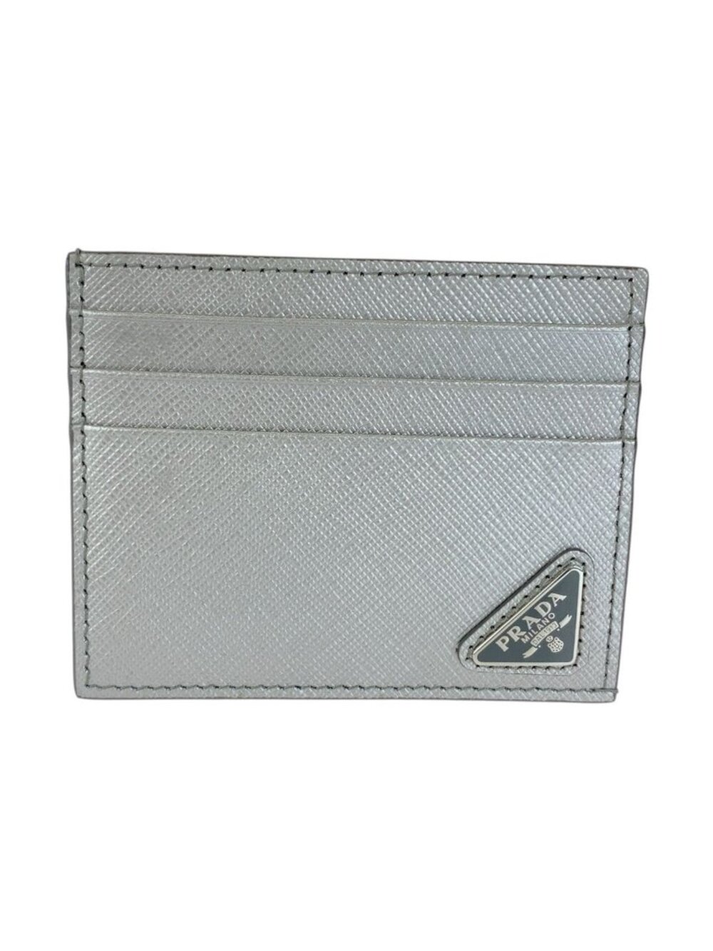 Prada Saffiano Silver Gray Leather Card Case Business